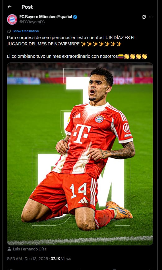 El reconocimiento de Luis Díaz llegó tras su gran mes de noviembre, aportando goles y talento para el club más veces campeón de Europa en Alemania-crédito @FCBayernES/X