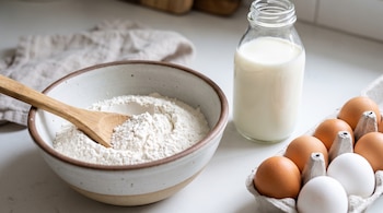 Un cuenco con harina blanca y una cuchara de madera, una botella de vidrio llena de leche y un cartón con huevos marrones y blancos.