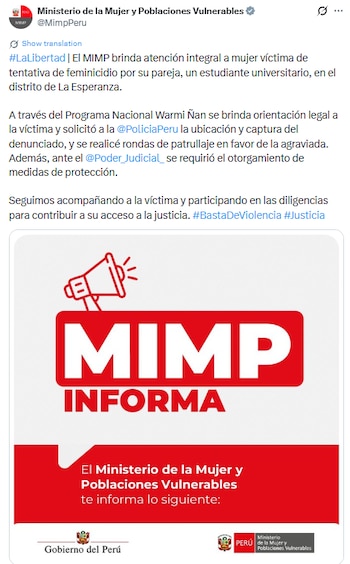 MIMP condena ataque, brinda atención a víctima y exige la pronta captura del agresor. (Foto: X/@MimpPeru)