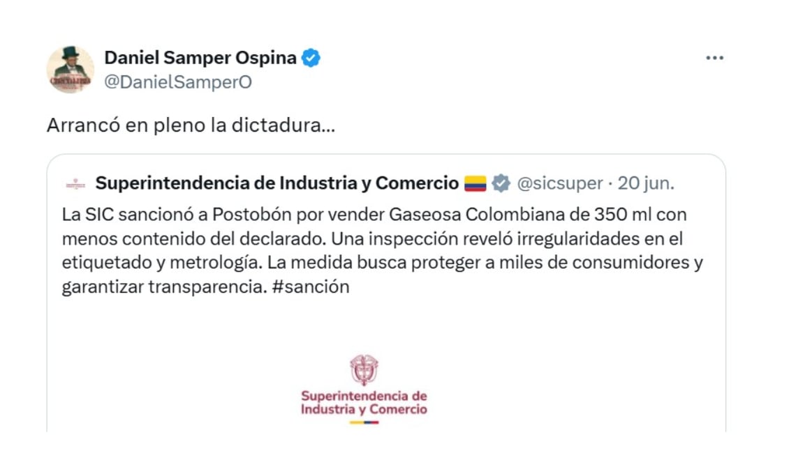Daniel Samper reaccionó a la sanción de la superintendencia de Industria y Comercio a Postobón - crédito @DanielSamerO/X