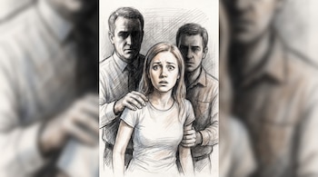 Dibujo a lápiz de mujer joven con expresión asustada, un hombre con camisa blanca y corbata detrás, y otro hombre con camisa marrón detrás, ambos con sombras en el rostro y manos en la mujer.