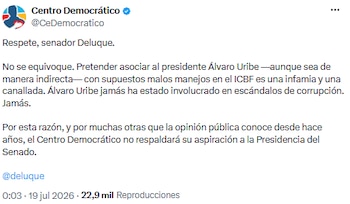 Centro Democrático rechaza acusaciones y niega vínculo de Uribe con manejos irregulares en el Icbf - crédito @CeDemocratico/X