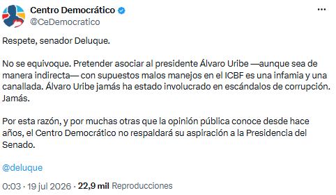 Centro Democrático rechaza acusaciones y niega vínculo de Uribe con manejos irregulares en el Icbf - crédito @CeDemocratico/X