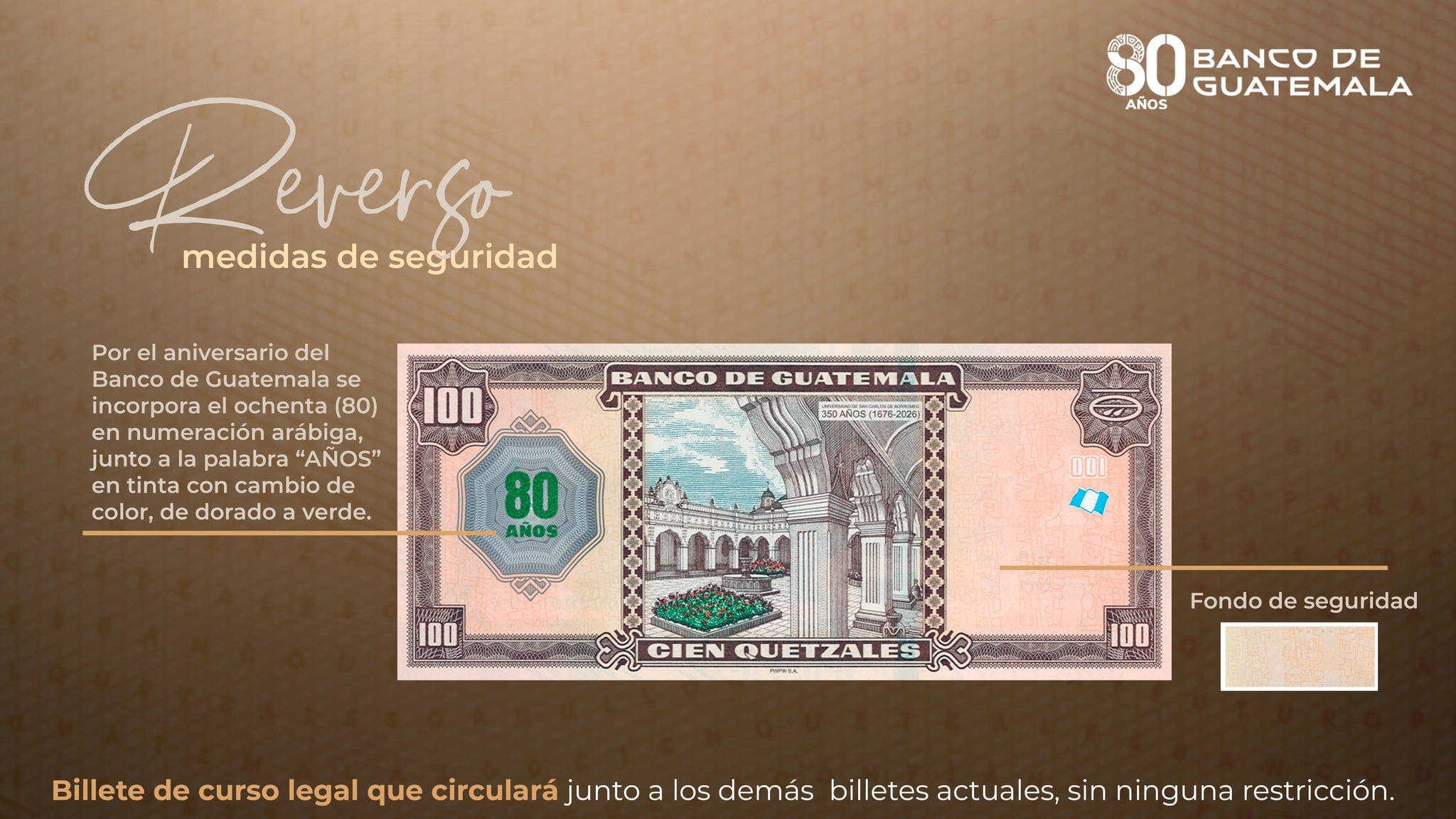 El nuevo billete incorpora modernos elementos de seguridad y accesibilidad. (Imagen cortesía Banco de Guatemala)