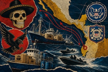 Ilustración con un mapa de la costa del Pacífico, barcos con carga, lanchas rápidas, una calavera con sombrero, un águila y escudos oficiales.