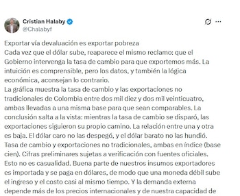 Cristian Halaby, empresario, anotó que mientras la tasa de cambio se disparó, las exportaciones siguieron su propio camino - crédito @Chalabyf/X
