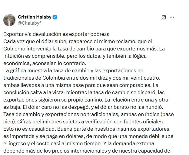 Cristian Halaby, empresario, anotó que mientras la tasa de cambio se disparó, las exportaciones siguieron su propio camino - crédito @Chalabyf/X