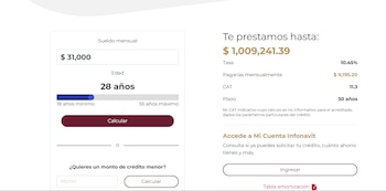 Captura de pantalla de un simulador de crédito. Muestra campos para sueldo mensual ($31,000) y edad (28 años), y resultados de préstamo ($1,009,241.39)
