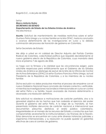 El director adjunto de Cambio Radical, Enrique Vargas Lleras, pidió al secretario de Estado de Estados Unidos, Marco Rubio, que no retire al presidente Gustavo Petro y a su familia de la lista Ofac - crédito Enrique Vargas Lleras, partido Cambio Radical