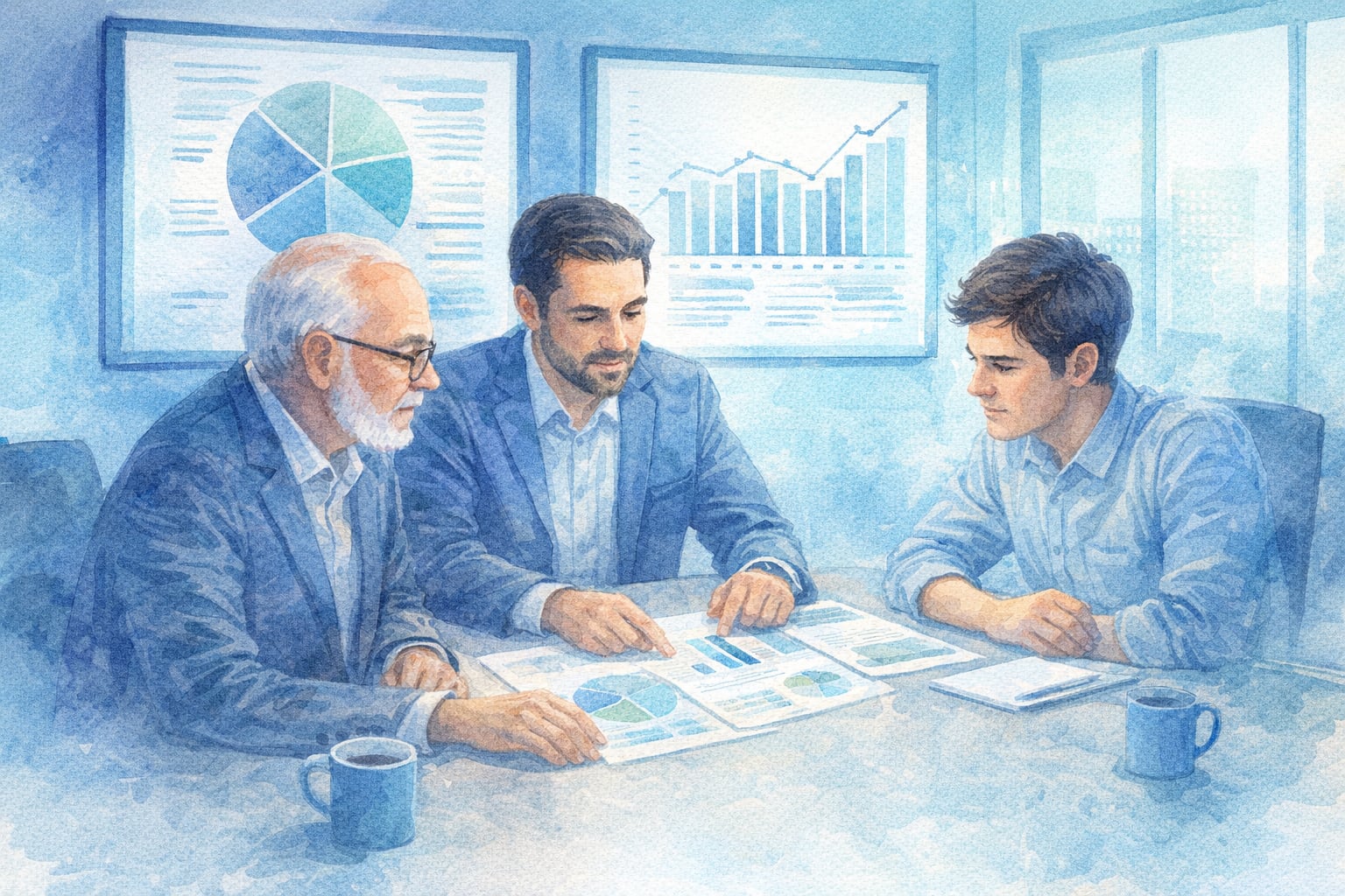 Tres generaciones de una familia, abuelo, padre e hijo, colaboran en una sala de juntas, revisando gráficos y documentos para tomar decisiones empresariales cruciales (Imagen Ilustrativa Infobae)