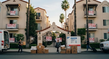 Edificios de apartamentos en Los Ángeles con múltiples letreros de "se renta", cajas de cartón en la acera y tres personas en movimiento cerca de camiones de mudanza.