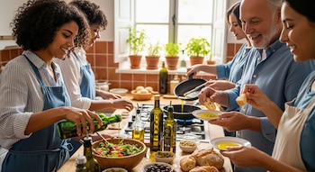 Personas cocinando en una cocina, una mujer vierte aceite de oliva en una ensalada, otras mojan pan en aceite. Hay botellas de aceite, ensalada y pan en la mesa.