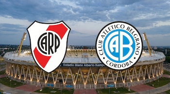 Vista aérea del Estadio Mario Alberto Kempes al atardecer, con los escudos de River Plate y Belgrano superpuestos digitalmente en el centro.