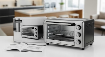 Un horno tostador eléctrico de acero inoxidable y negro, su caja de producto y un manual de instrucciones abiertos sobre una encimera de cocina.