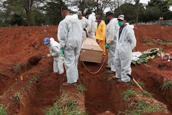 Sepultureros con trajes protectores se preparan para enterrar el ataúd de una mujer de 63 años que murió por COVID-19 en el cementerio de Vila Formosa, en San Paulo. Ya son casi 70.000 los brasileños muertos en esta pandemia. REUTERS/Amanda Perobelli