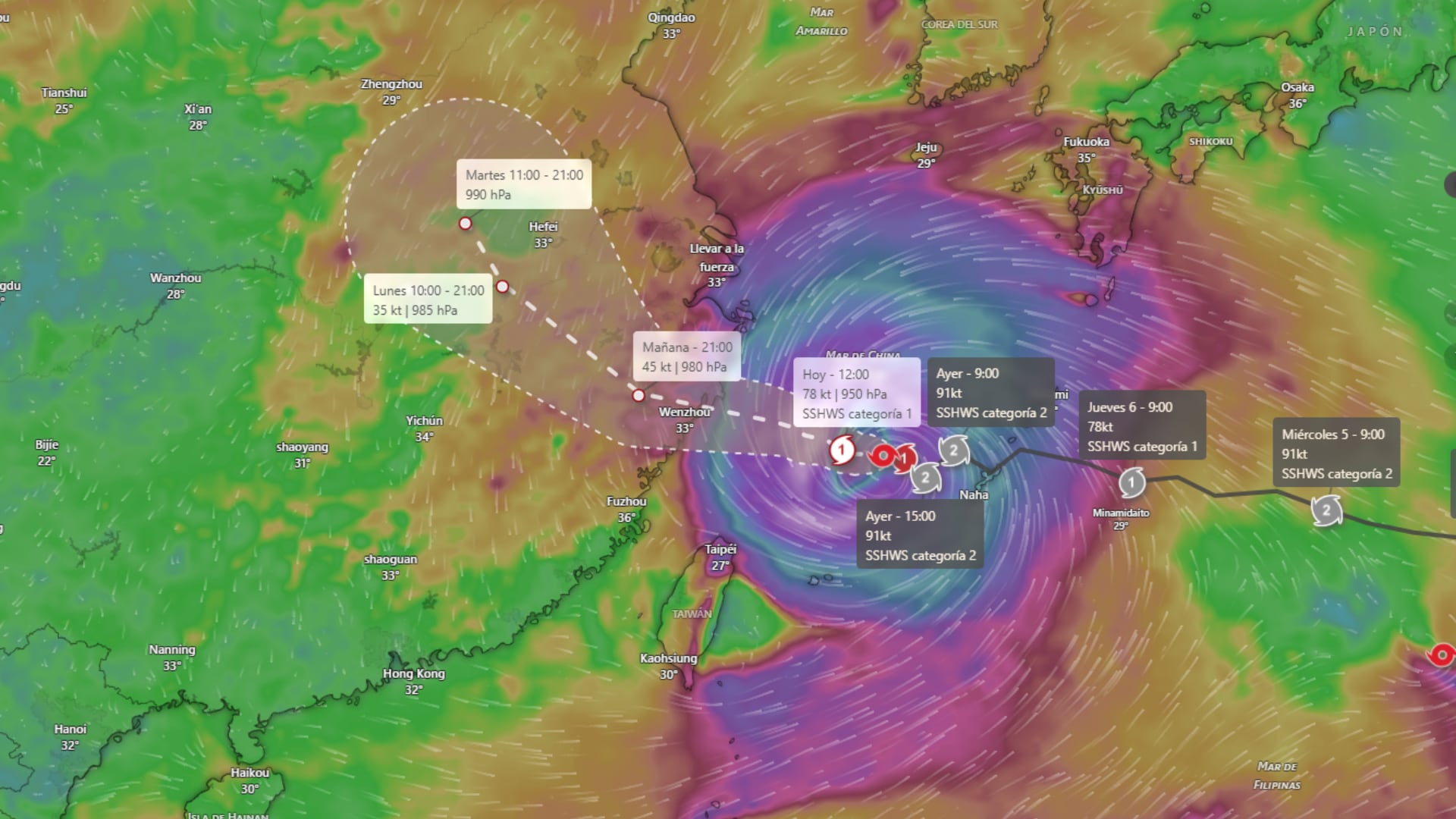El tifón Dolphin se acerca a China (Captura de pantalla - Créditos: Windy)