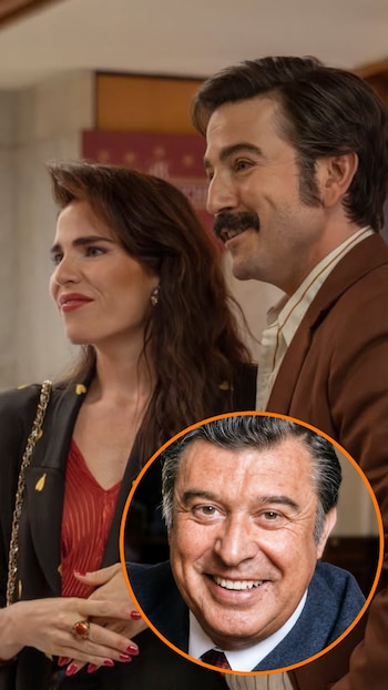 Dos actores, un hombre con bigote y una mujer de cabello oscuro, posan. En un recuadro circular, una fotografía de Rafael del Castillo sonriendo