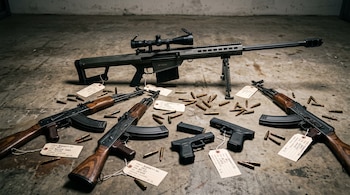 Un fusil Barrett con mira telescópica, fusiles AK-47, pistolas Glock, balas sueltas y etiquetas impresas sobre un suelo de concreto.