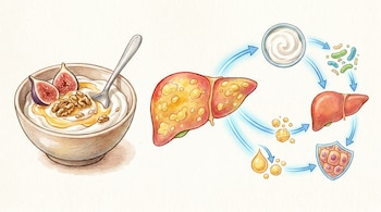 Ilustración de un cuenco de yogur griego con higos y nueces, un hígado graso con depósitos de grasa y diagramas que muestran cómo el yogur beneficia al hígado.