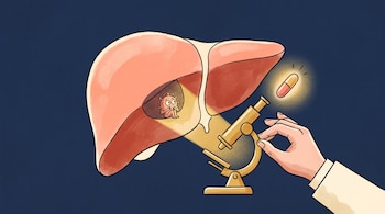 Ilustración de un hígado, un microscopio sostenido por una mano que lo ilumina, una figura con forma de virus y una cápsula.