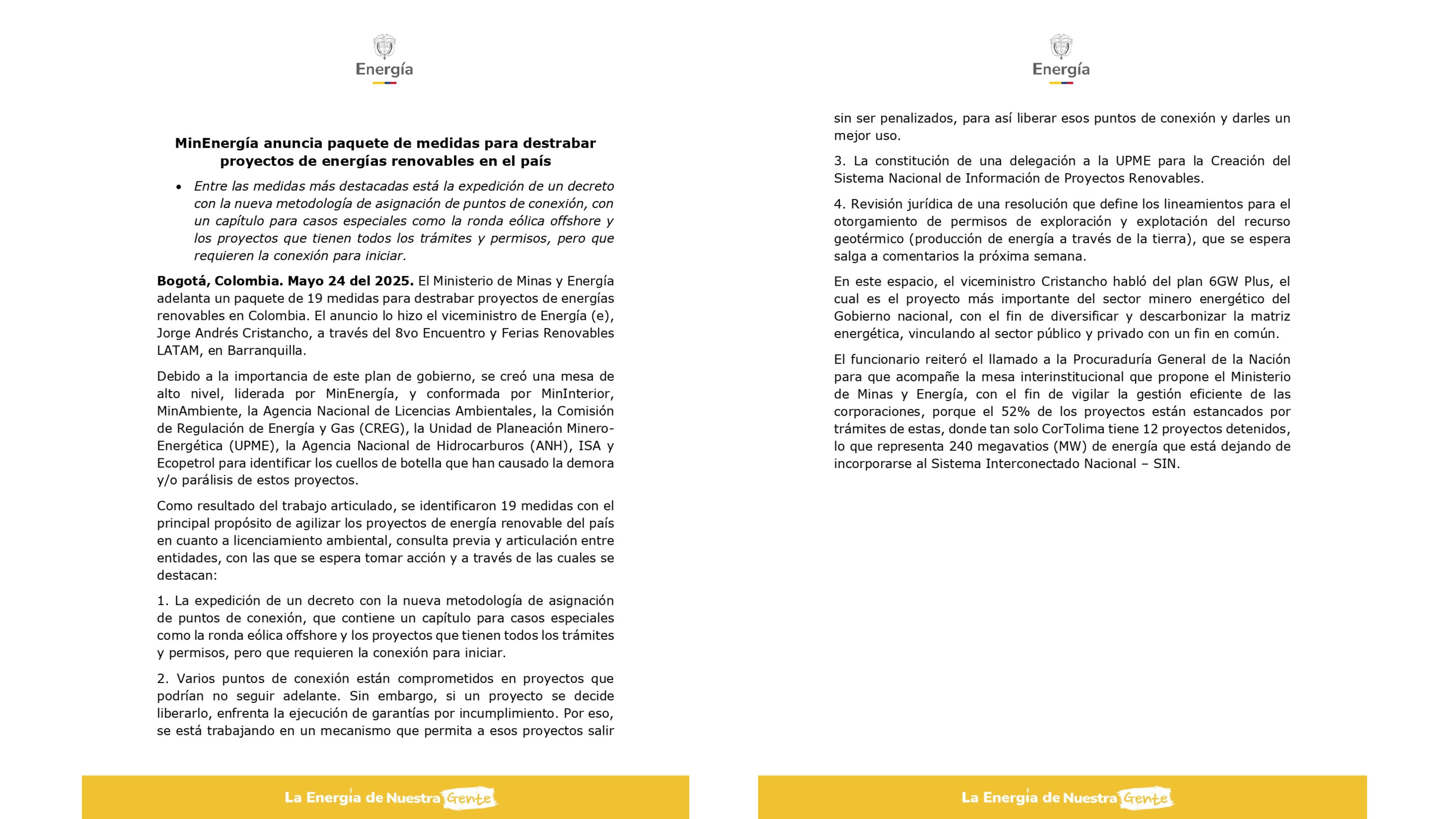 El viceministro de Energía (e), Jorge Andrés Cristancho, explicó las nuevas medidas para impulsar proyectos renovables y el plan 6GW Plus, destacando la importancia de superar los cuellos de botella administrativos y ambientales - crédito Ministerio de Energías