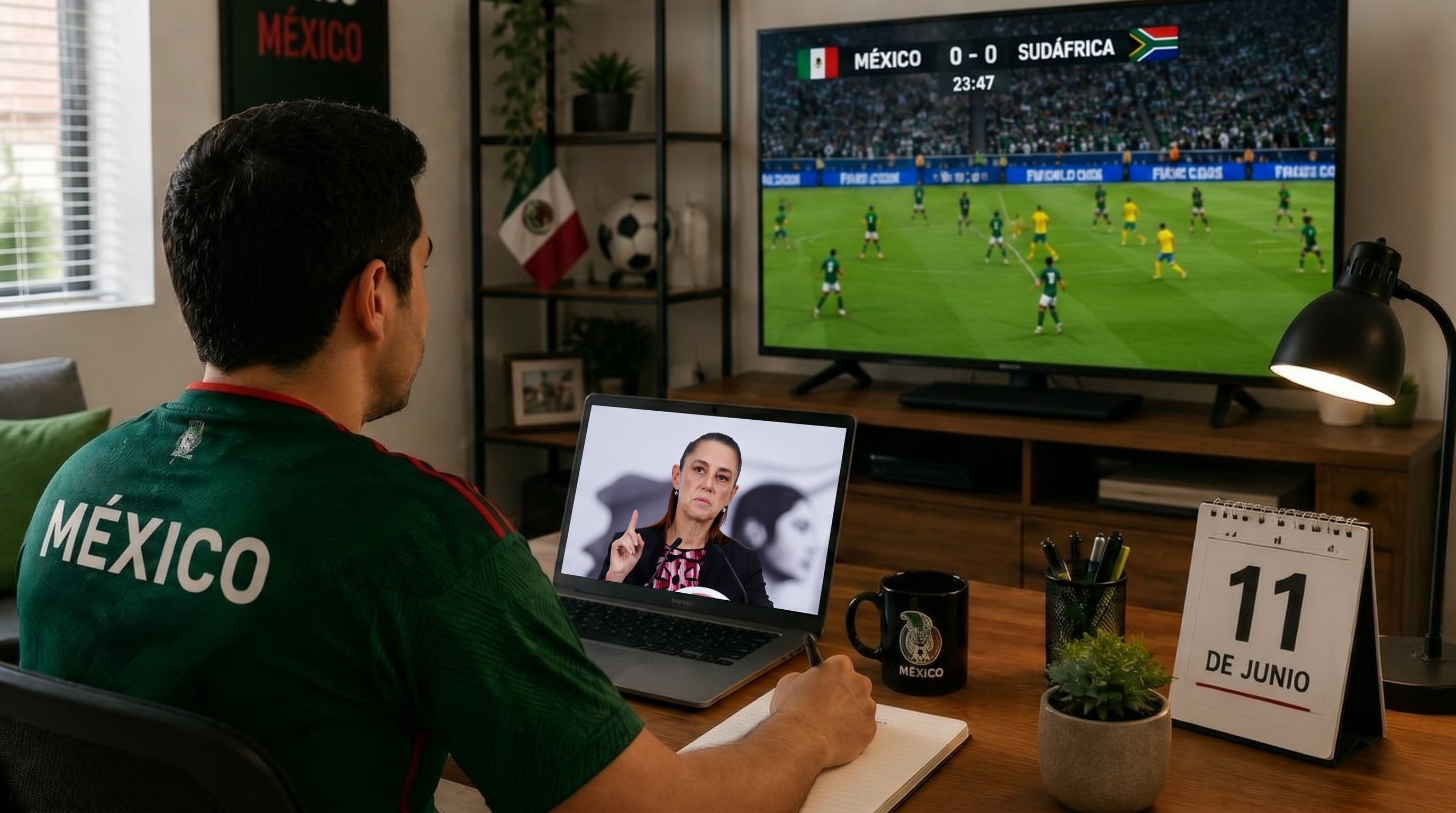 Un aficionado mexicano sigue atentamente un partido de fútbol en su televisor y una videollamada con Claudia Sheinbaum en su laptop, mientras toma notas en casa. (Imagen Ilustrativa Infobae)