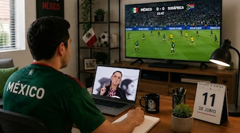 Hombre con camiseta de México escribe. Laptop muestra a Claudia Sheinbaum. TV grande exhibe partido de fútbol México vs Sudáfrica. Calendario "11 de Junio".