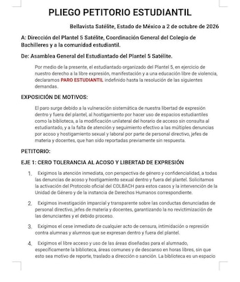 Pliego petitorio Bachilleres Plantel 5 Satélite Tlalnepantla Edomex