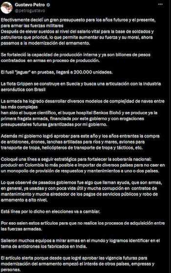 Gustavo Petro afirmó que fortalecer la industria nacional es clave para la soberanía militar - crédito @petrogustavo/X