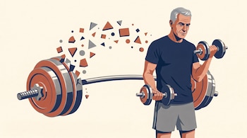 Ilustración de un hombre con cabello cano que sostiene mancuernas junto a una barra de pesas que se descompone en figuras.
