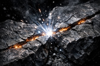 Rocas oscuras fracturadas con una grieta luminosa anaranjada, chispas brillantes y destellos de luz blanca que emanan del punto de ruptura.