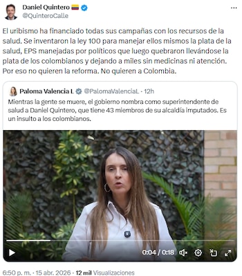 Daniel Quintero respondió a críticas y señaló al uribismo por crisis en el sistema sanitario - crédito @QuinteroCalle/X