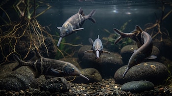 Cuatro peces de hocico alargado nadan orientados en distintas direcciones sobre un lecho de piedras oscuras y raíces.