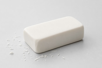 Una goma de borrar rectangular blanca junto a varias virutas pequeñas sobre una superficie gris clara.