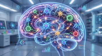 Un cerebro humano translúcido con neuronas y células inmunes de colores brillantes, superpuesto en un laboratorio con pantallas de datos e información.