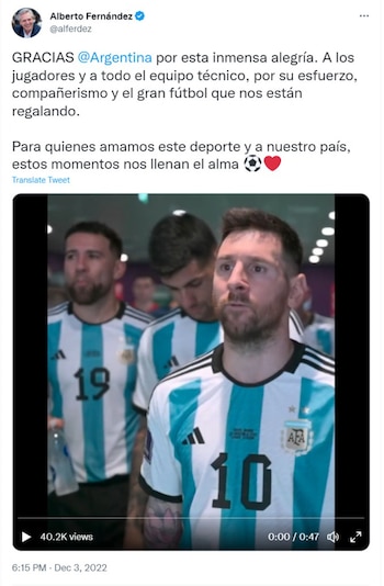 Tuit Alberto Fernandez sobre la victoria de Argentina contra Australia