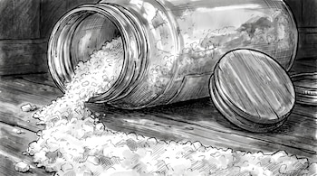 Dibujo en blanco y negro de un frasco de vidrio tumbado sobre una mesa de madera, con una sustancia granulada derramada.