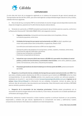 Comunicado de Calidda informando sobre