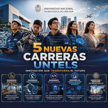 Cinco jóvenes posan con fondos de edificios e industrias, junto al logo de UNTELS. La imagen muestra texto "5 nuevas carreras" y cinco cuadros con descripciones de especialidades