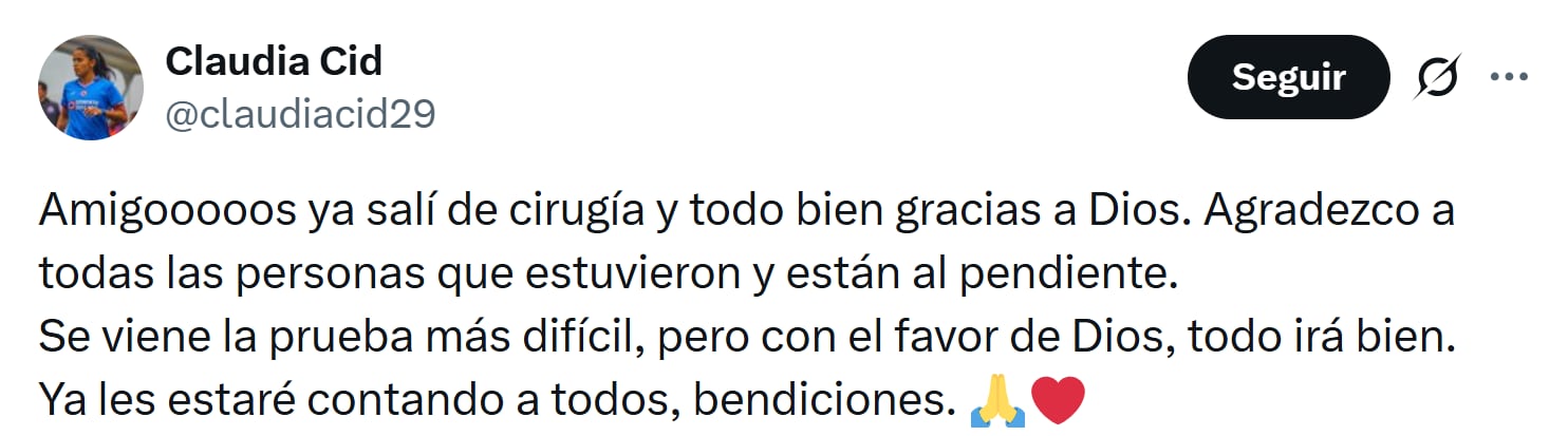 Cid confirmó en sus redes el éxito de la operación. (X/ @claudiacid29)