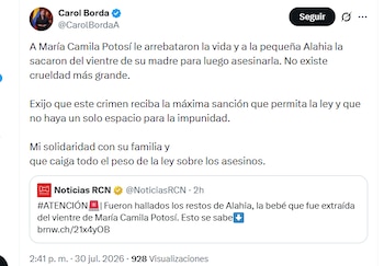 La congresista Carol Borda exigió a las autoridades competentes que el crimen cometido contra la joven María Camila Potosí y su bebé no quede en la impunidad - crédito @CarolBordaA/X