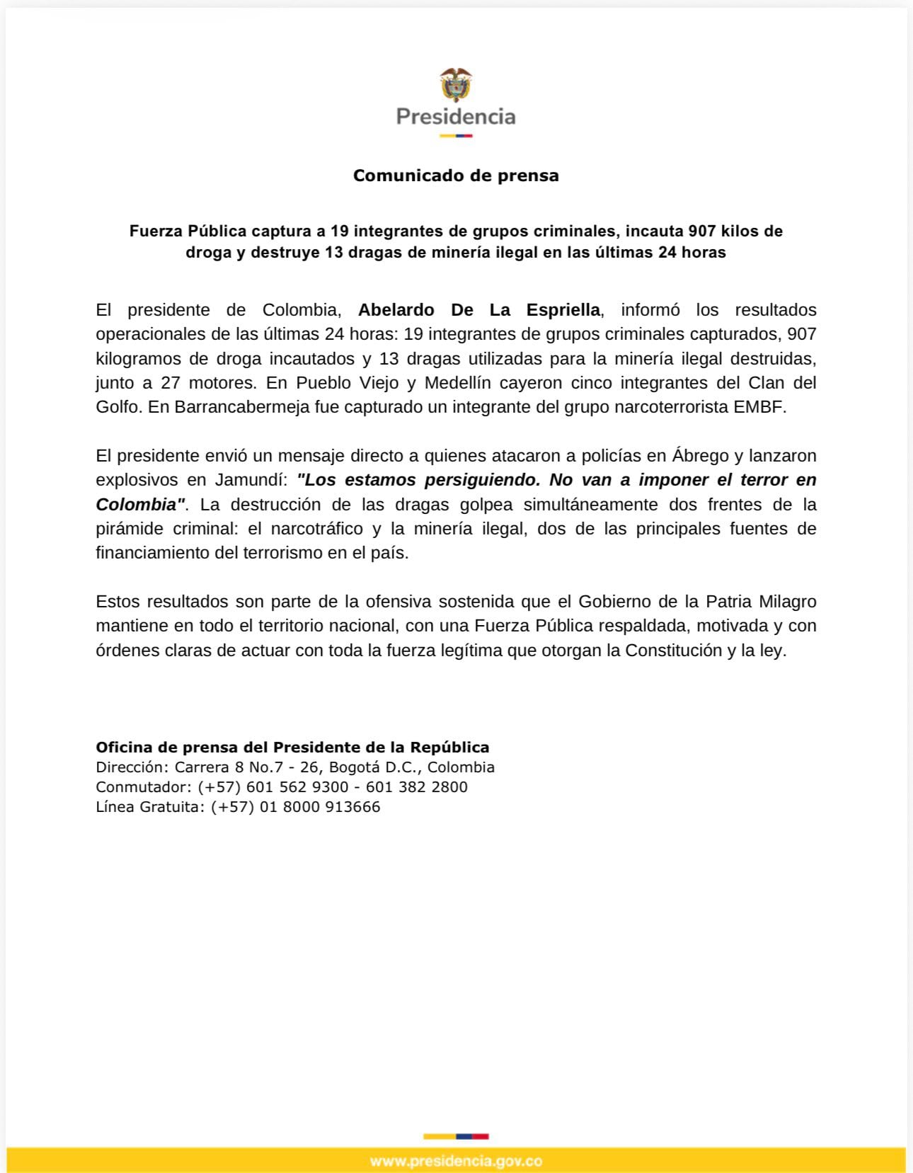 Abelardo de la Espriella informó que la fuerza pública capturó a 19 integrantes de grupos criminales entre el sábado 26 y domingo 27 de septiembre de 2026 - crédito @infopresidencia/X