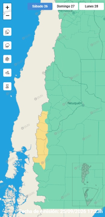 El SMN mantiene una alerta amarilla por lluvias para sectores del sudoeste de Neuquén