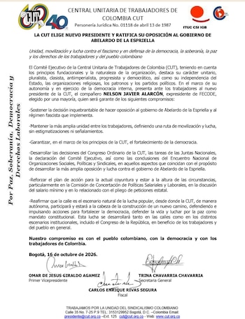 La Central Unitaria de Trabajadores eligió a Nelson Alrcón como su nuevo presidente - crédito @cutcolombia/X