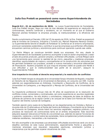 Comunicado de la Superintendencia de Sociedades informó sobre la posesión de Julia Eva Pretelt y los principales retos de su administración. - crédito Superintendencia de Sociedades