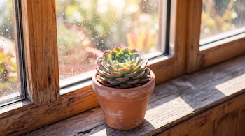 Una maceta de terracota con una planta suculenta verde y rosada se encuentra sobre una repisa de madera junto a una ventana.