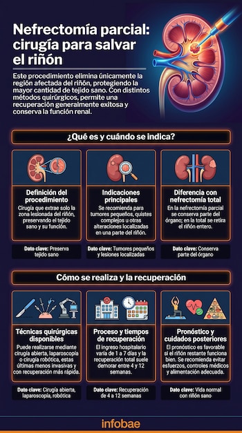Ilustración de un riñón con un instrumento quirúrgico extrayendo un tumor de su interior, junto a infografías detallando el procedimiento y recuperación.