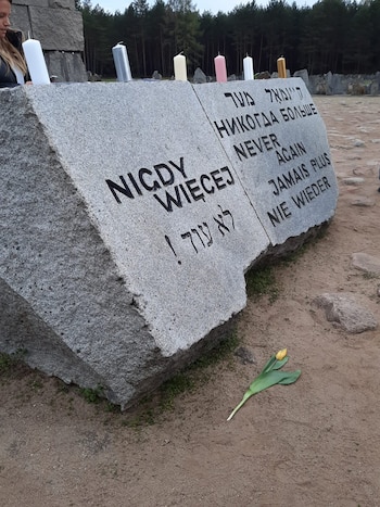 Bloques de piedra con inscripciones en varios idiomas, varias velas alineadas en la parte superior y un tulipán amarillo en el suelo