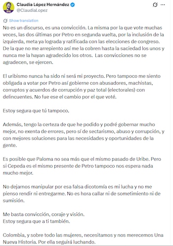 La exalcaldesa expuso su postura frente al escenario electoral y cuestionó la polarización entre distintas corrientes políticas. - crédito @ClaudiaLopez/X