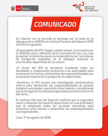 El comunicado del IPD tras la fumigación en albergue de la Videna con deportistas dentro.